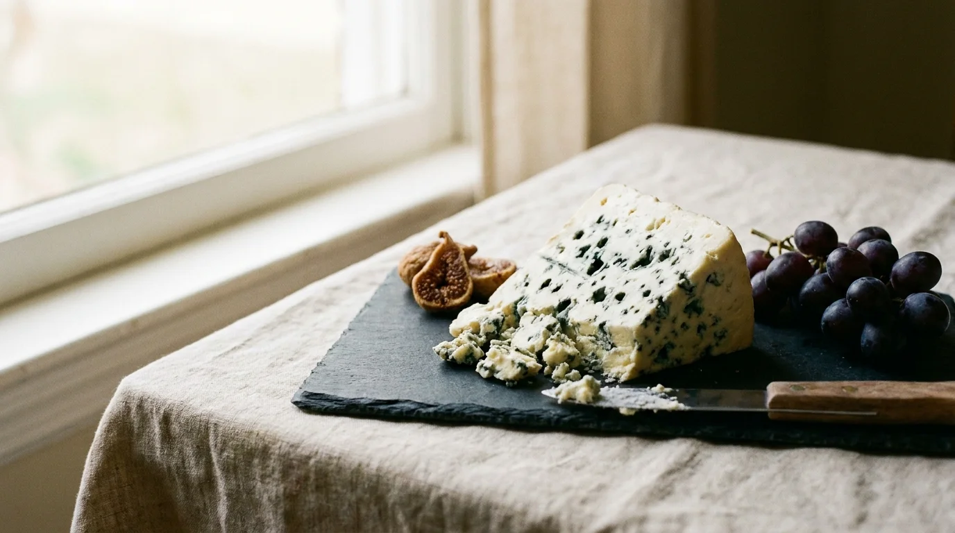 A wedge of blue cheese with mold-ripened veins, served with dried figs on a slate board.