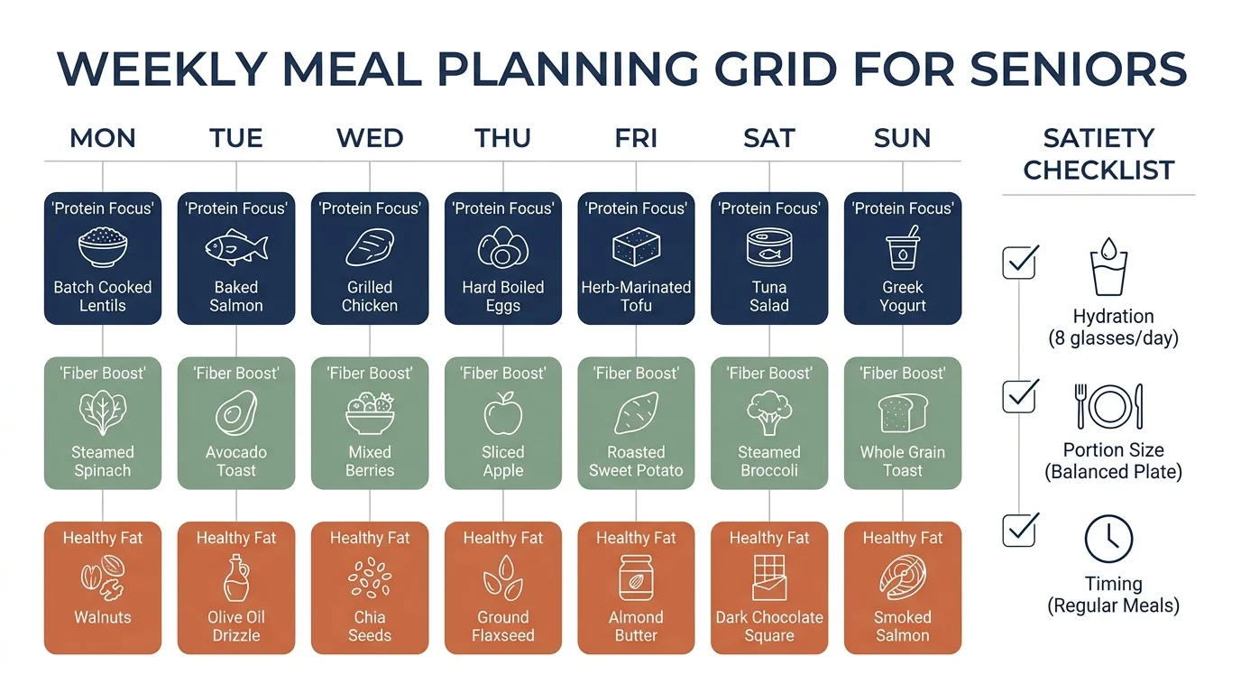 A weekly meal planning grid showing protein, fiber, and fat goals for each day of the week.