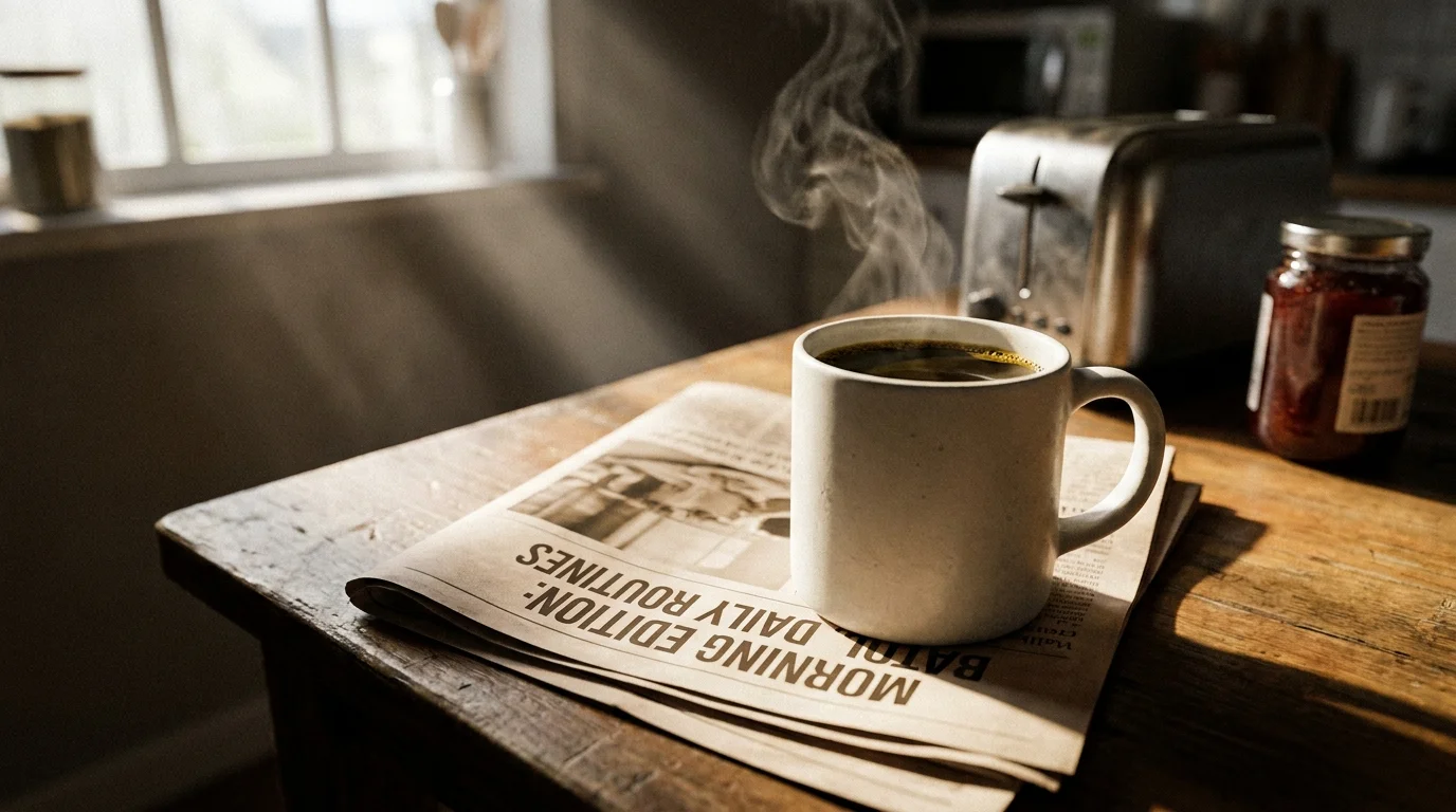 A white mug of steaming black coffee sitting on a newspaper in the morning light.