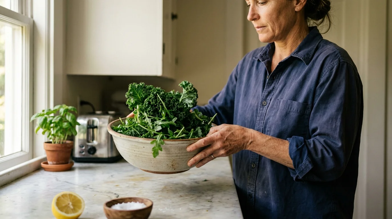 A woman in a sunny kitchen tossing a fresh salad of dark kale and arugula in a ceramic bowl.