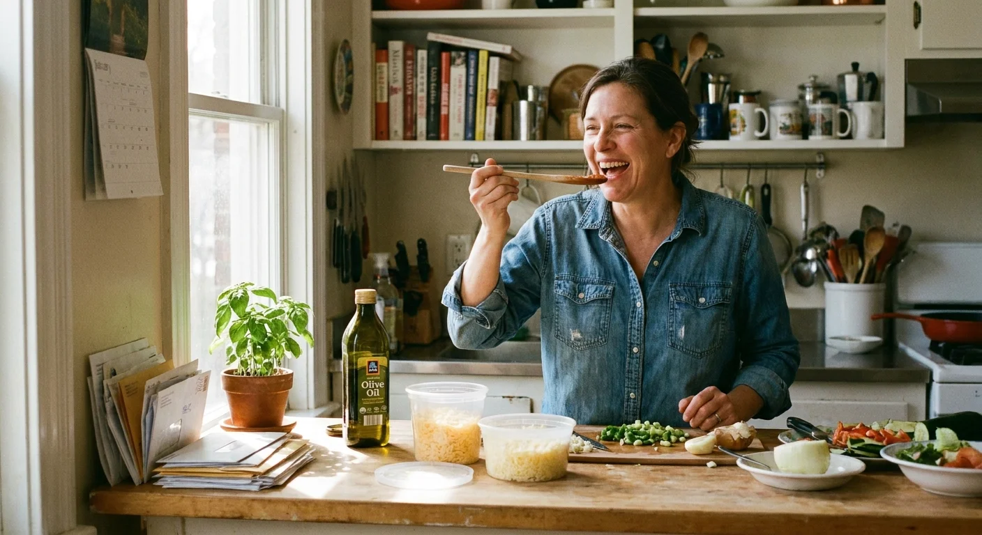 A woman laughing and tasting food in her home kitchen with grocery items on the counter.