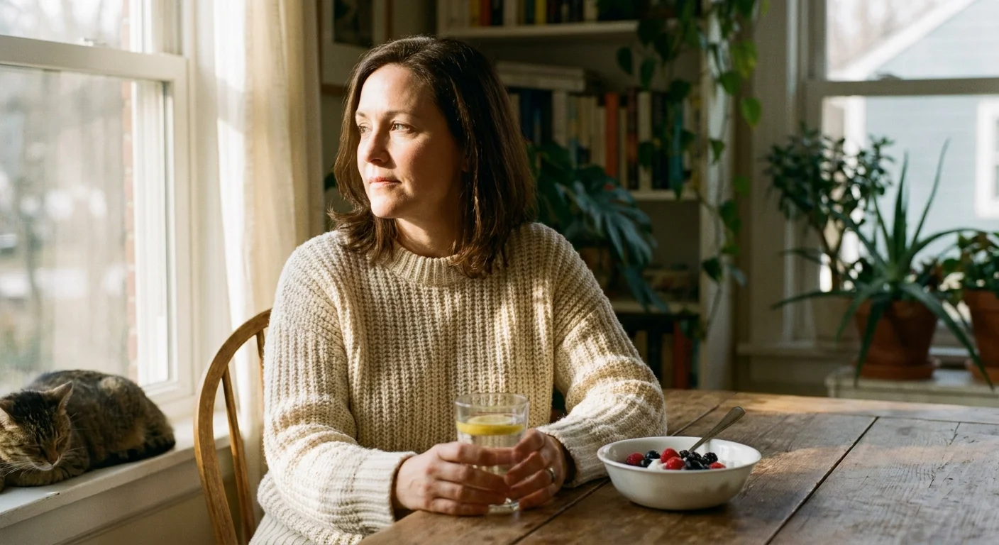 A woman sitting at a sunlit table with a healthy snack, looking calm and content.