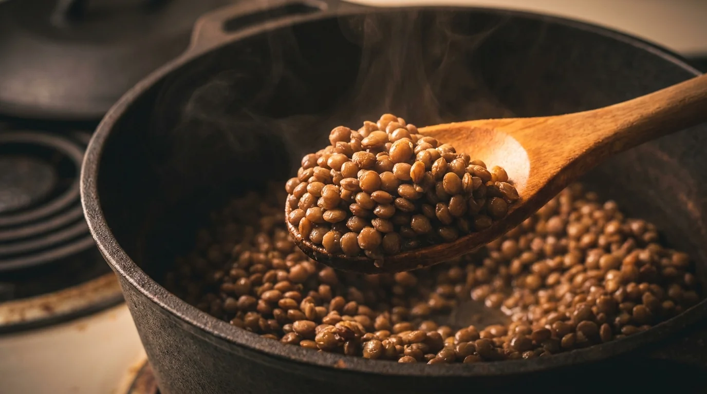 A wooden spoon lifting a scoop of cooked lentils from a dark pot, showing their hearty, fiber-rich texture.