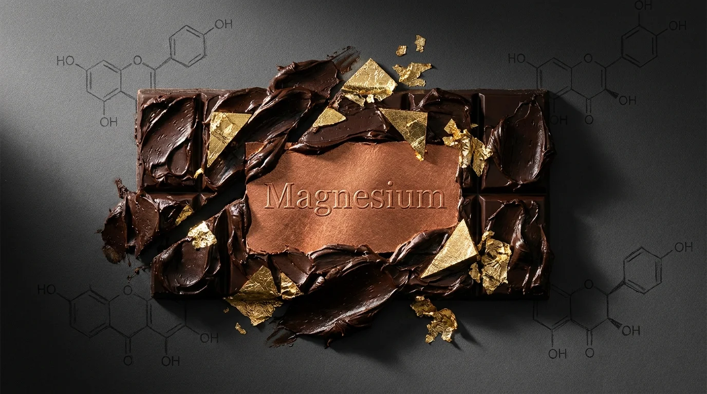 Abstract art representing dark chocolate breaking apart with gold accents and the word Magnesium.