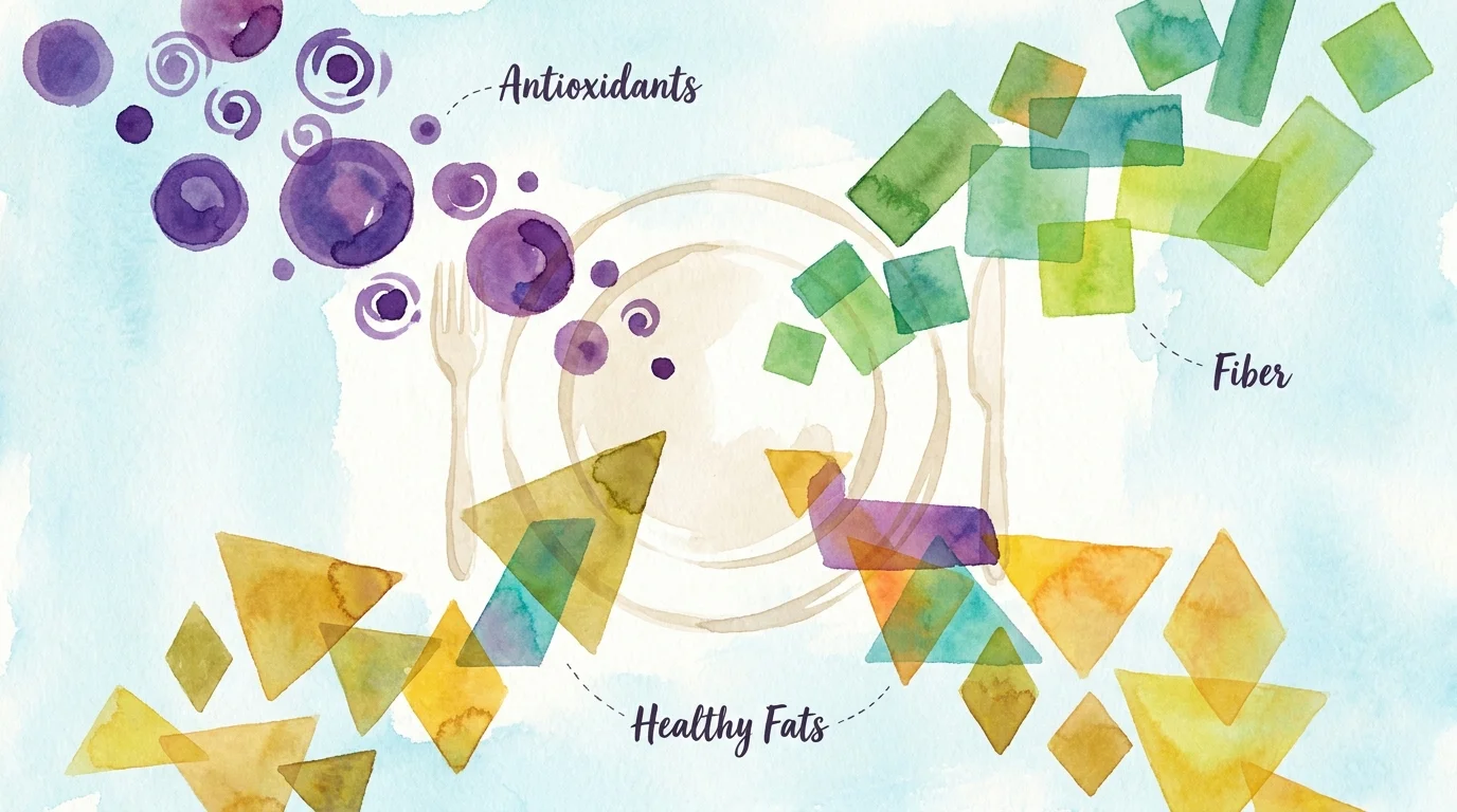 Abstract watercolor shapes labeled Antioxidants, Fiber, and Healthy Fats converging on a plate.
