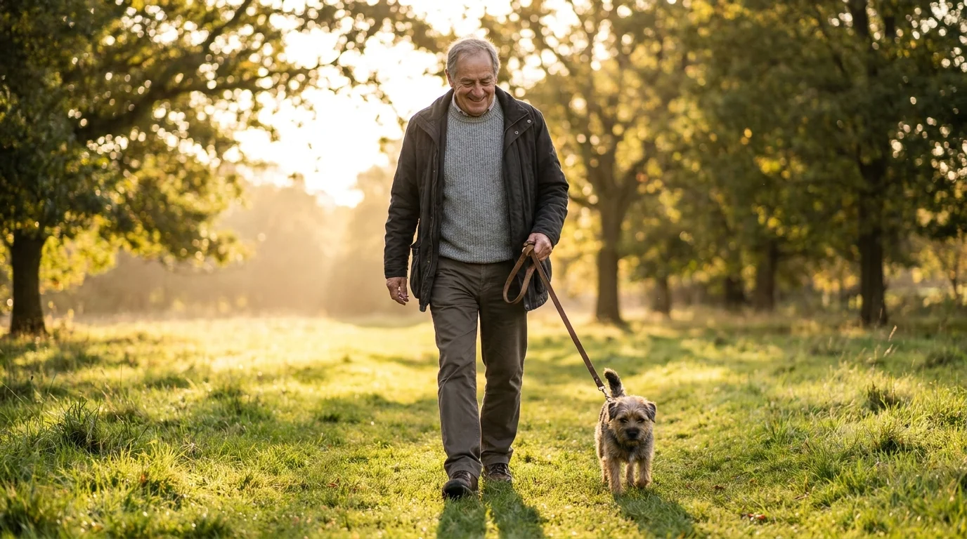 An active older man walking his dog in a sunny park, looking comfortable and happy.