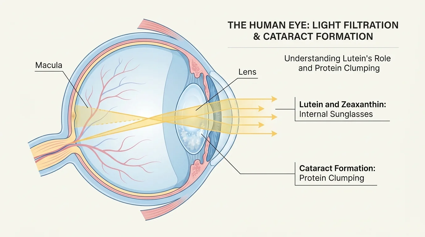 An anatomical diagram of the eye showing how lutein and zeaxanthin protect the macula from blue light.