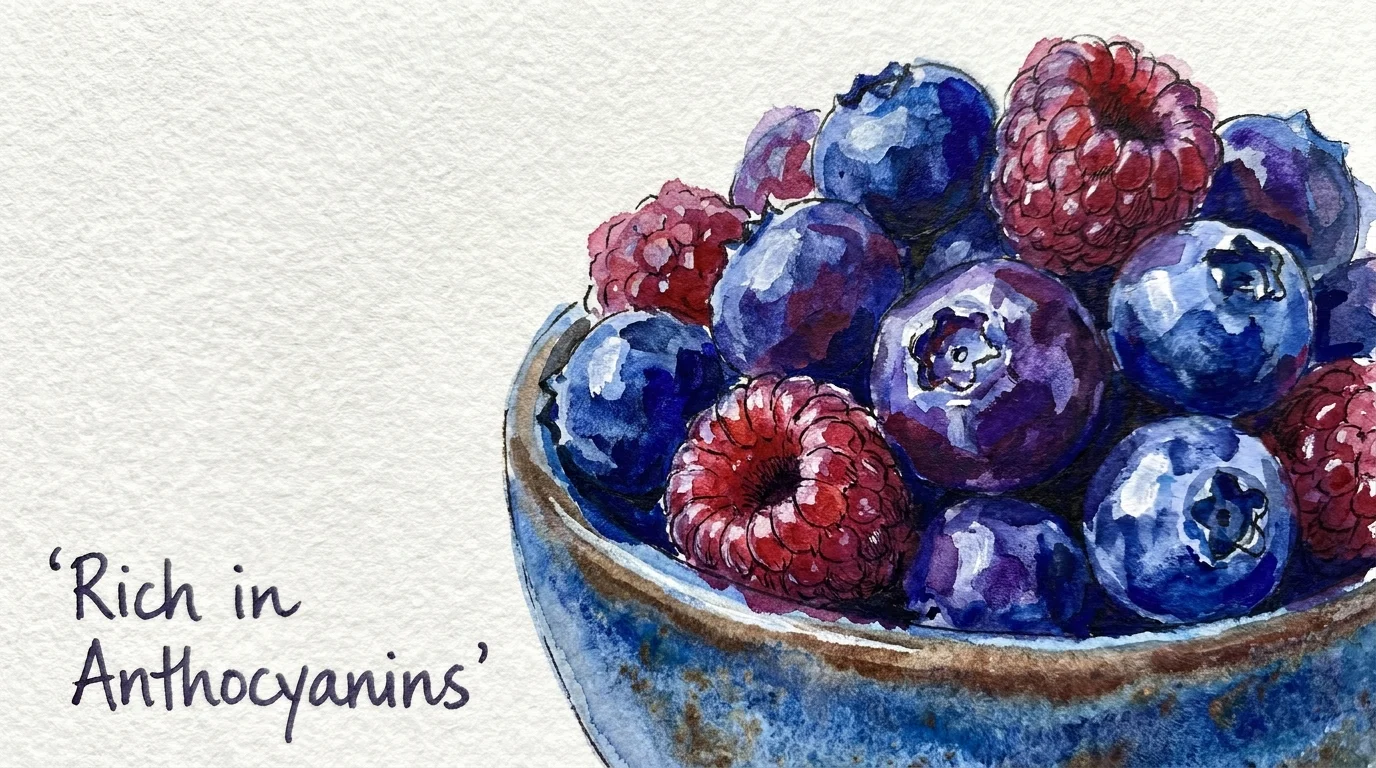 An artistic gouache painting of blueberries and raspberries, highlighting their vibrant, antioxidant-rich colors.