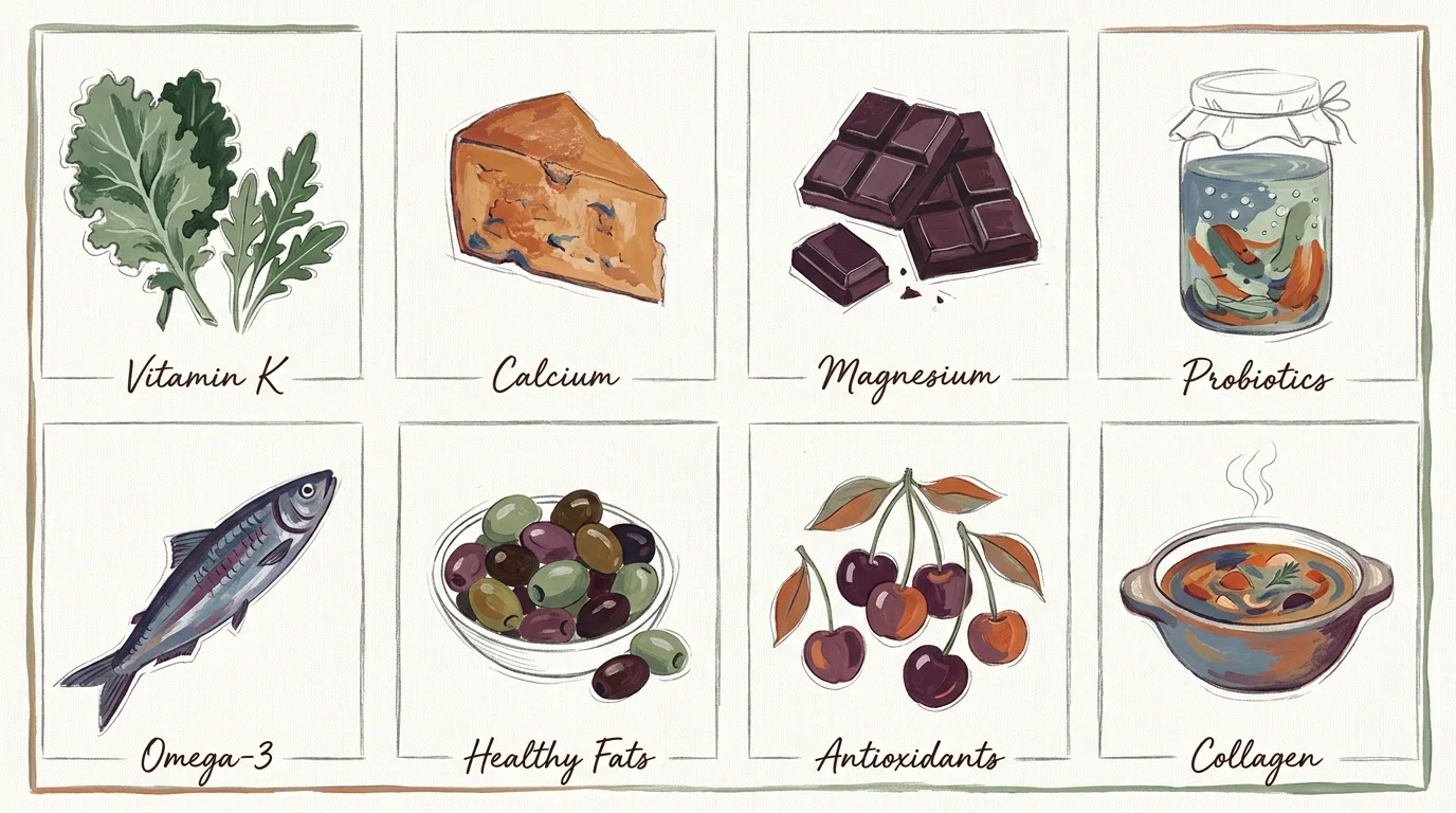 An artistic grid showing 8 specific foods including kale, cheese, and dark chocolate with their associated nutrients labeled.