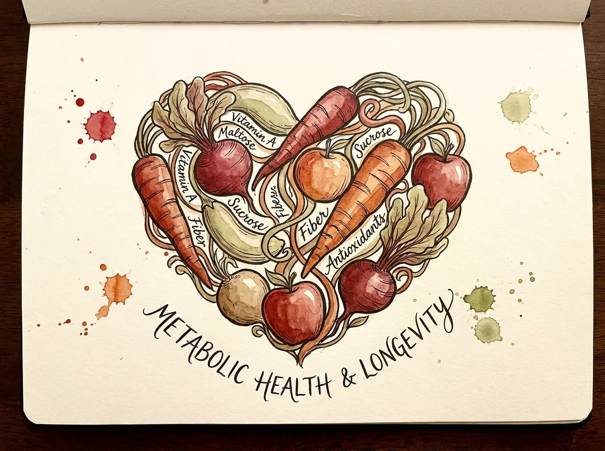An artistic illustration of a heart made of vegetables, with labels for vitamins and natural sugars.