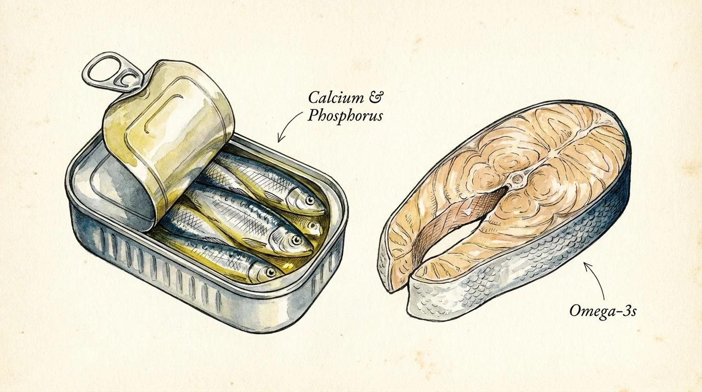 An artistic watercolor drawing of canned sardines and salmon, highlighting their nutritional components like Omega-3s.