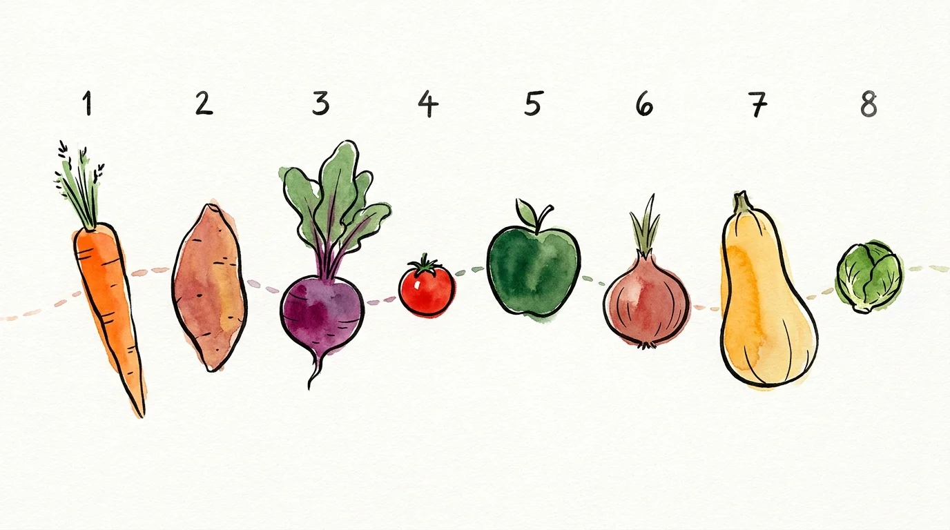 An artistic watercolor illustration showing a sequence of eight healthy foods known for tasting sweeter with age.