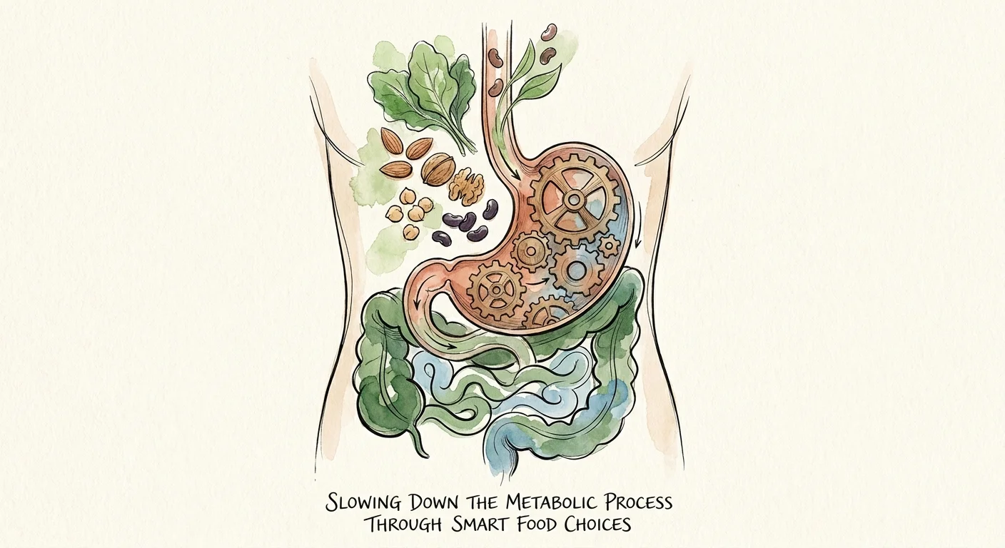 An artistic watercolor of a stomach depicted as slow-moving gears, representing the slow digestion of fiber and protein.
