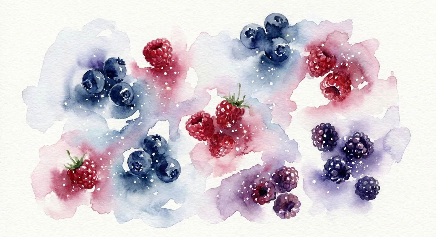 An artistic watercolor painting of scattered berries with vibrant color bleeds, representing antioxidant power.