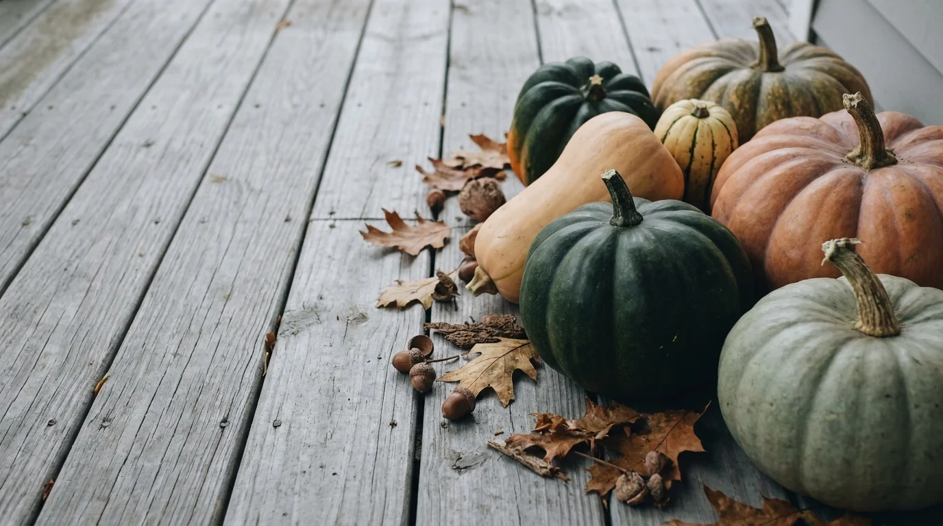 An assortment of whole winter squash, including butternut and acorn varieties, on a wooden surface.