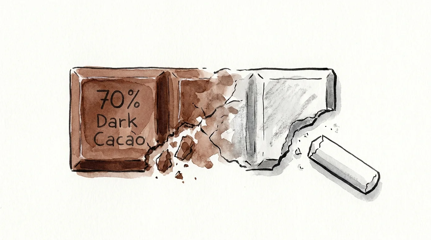 An editorial illustration of a 70% dark chocolate square morphing into a piece of dry, white blackboard chalk.