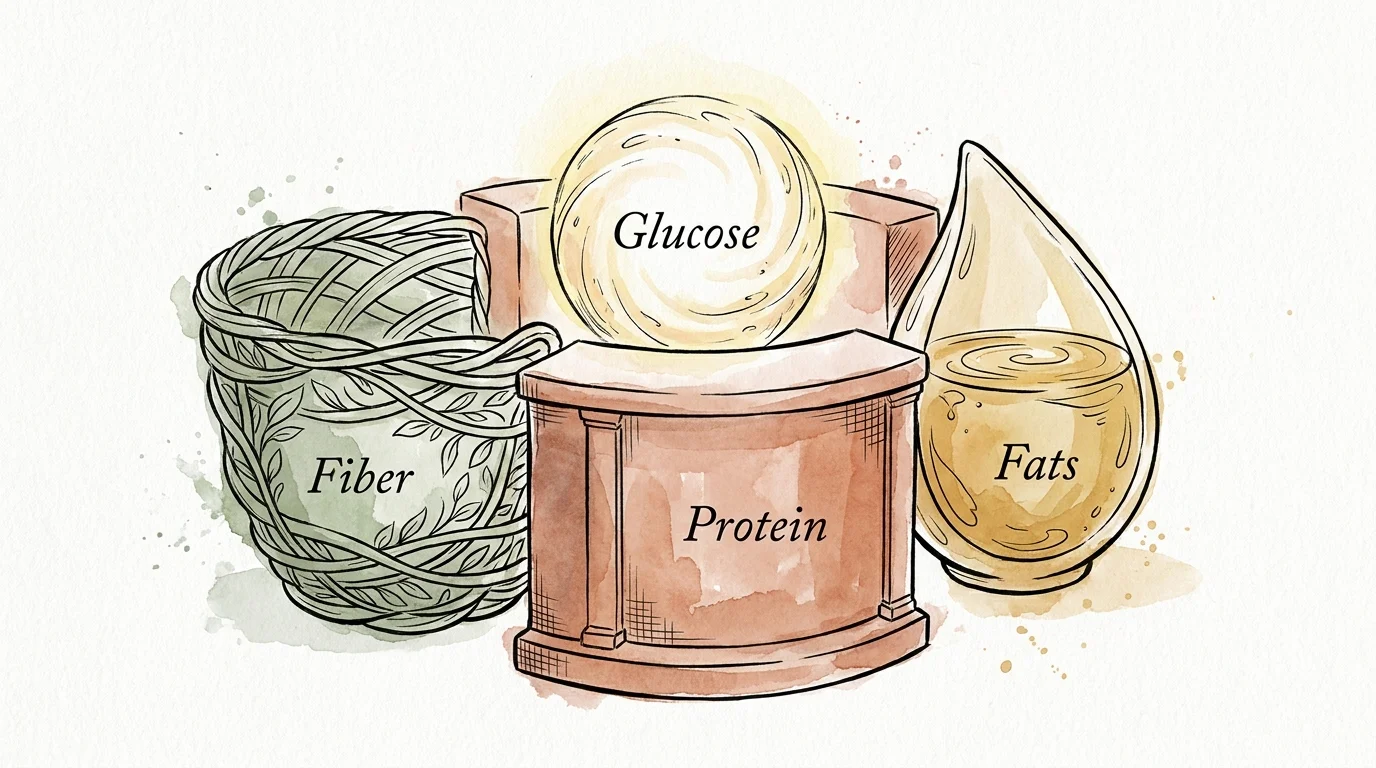 An editorial ink and watercolor illustration of three shields labeled Fiber, Protein, and Fats protecting against a glucose spike.
