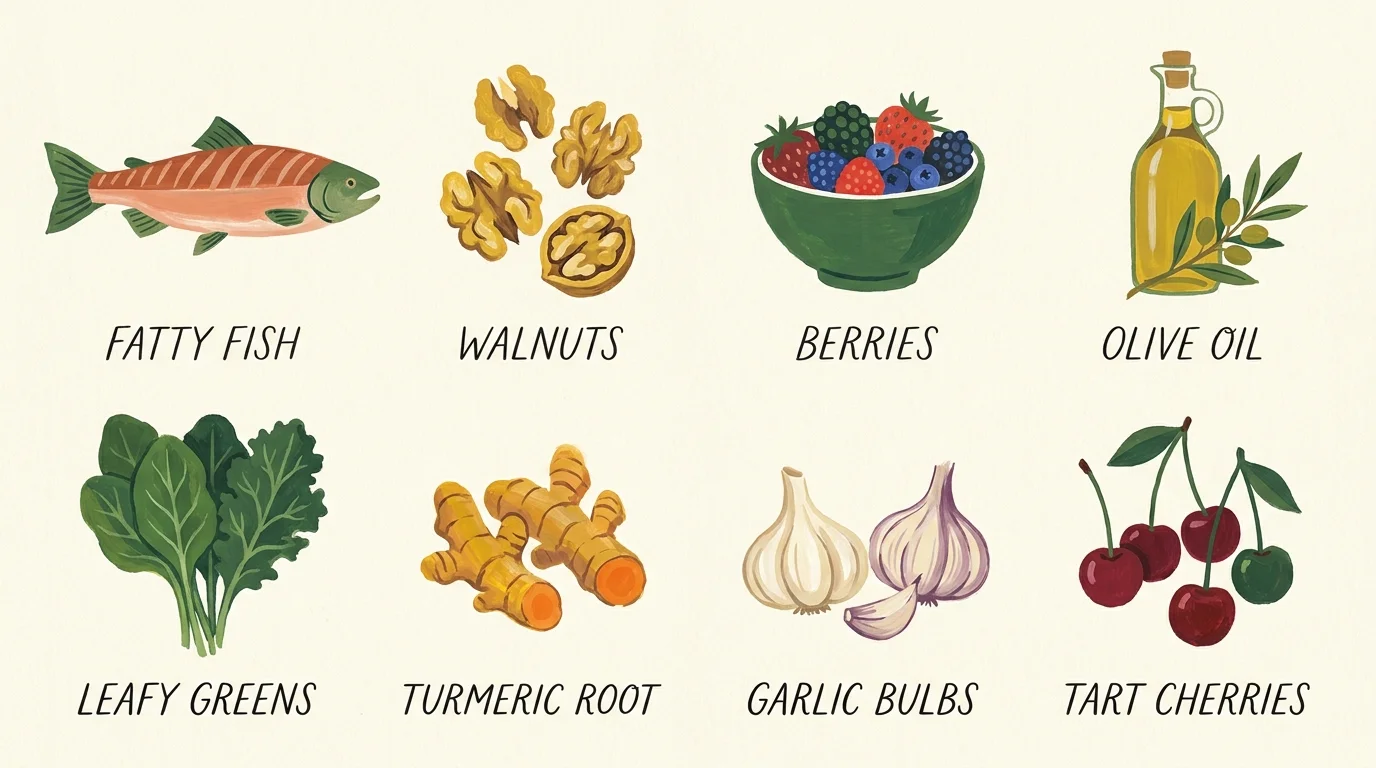 An illustrated grid featuring fish, walnuts, berries, olive oil, greens, turmeric, garlic, and cherries.
