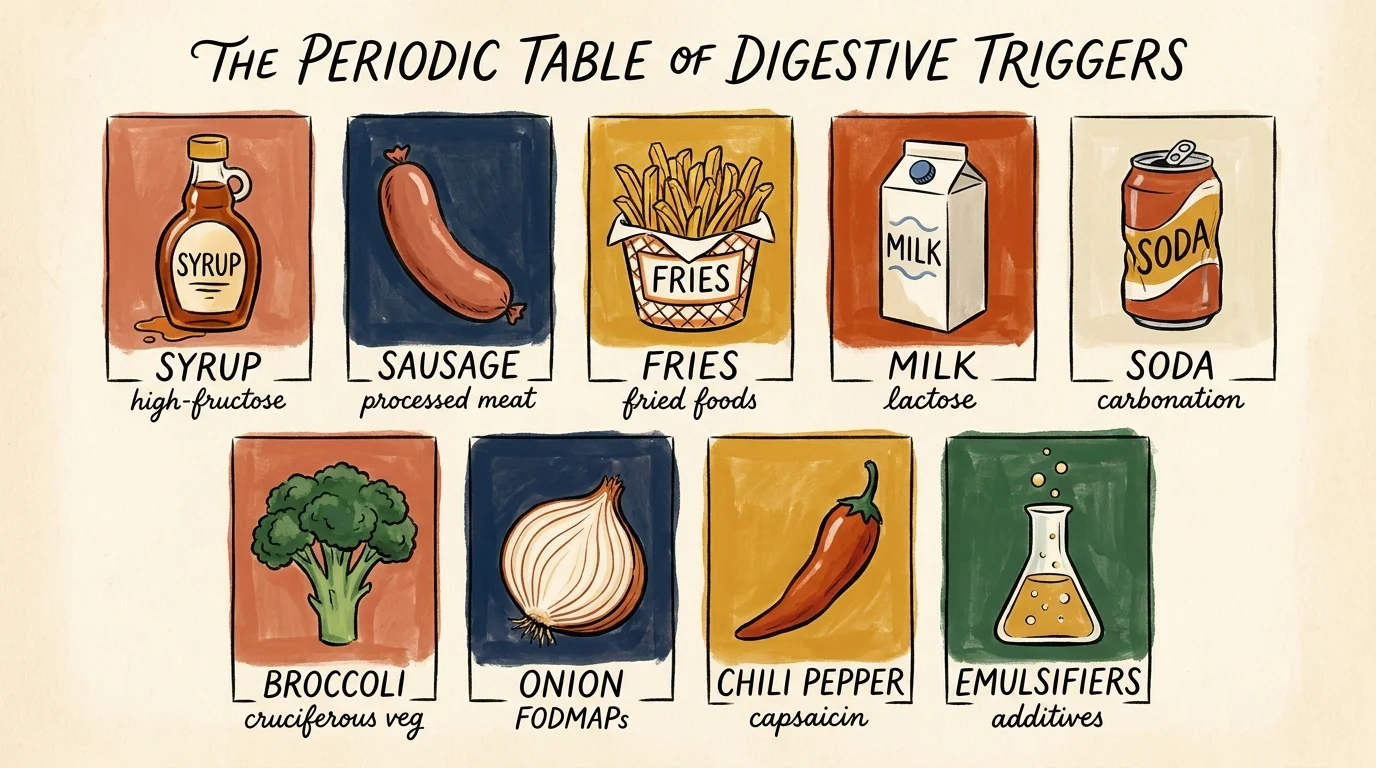 An illustrated grid of various trigger foods like dairy, fried foods, and onions in a warm gouache style.