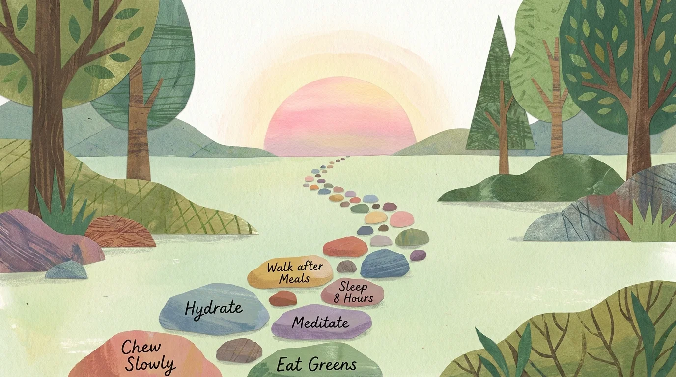 An illustrated path toward a sun with stones labeled with healthy habits like 'Chew Slowly'.