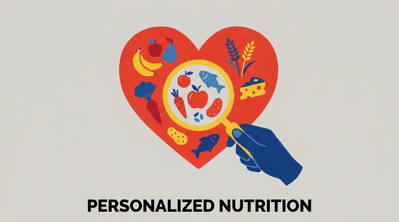 An illustration of a magnifying glass over a heart-shaped collection of foods, representing personalized health.