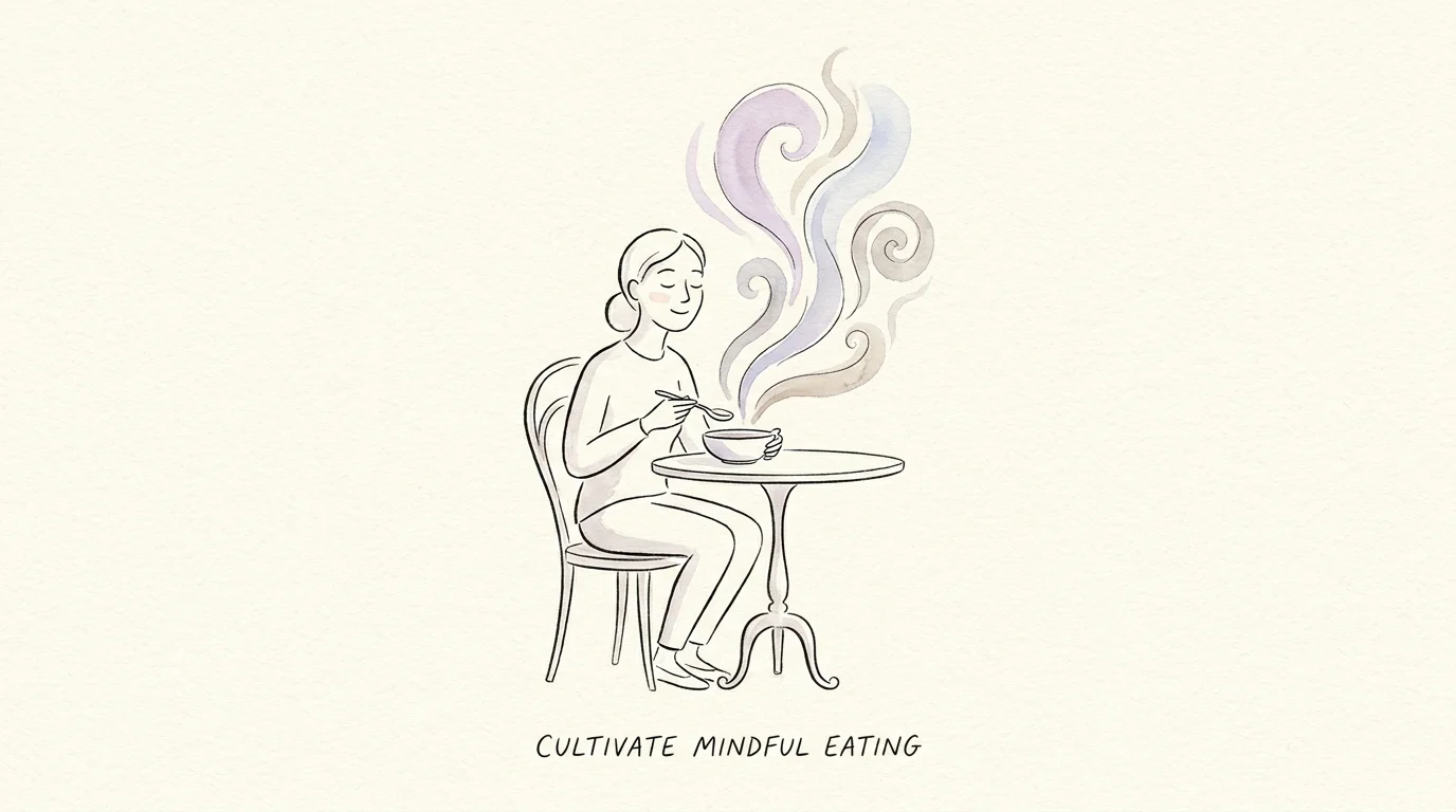 An illustration of a person peacefully savoring the aroma of their food with their eyes closed.