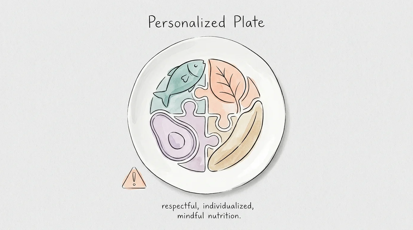 An illustration of a plate filled with puzzle-piece food icons, symbolizing personalized nutrition.