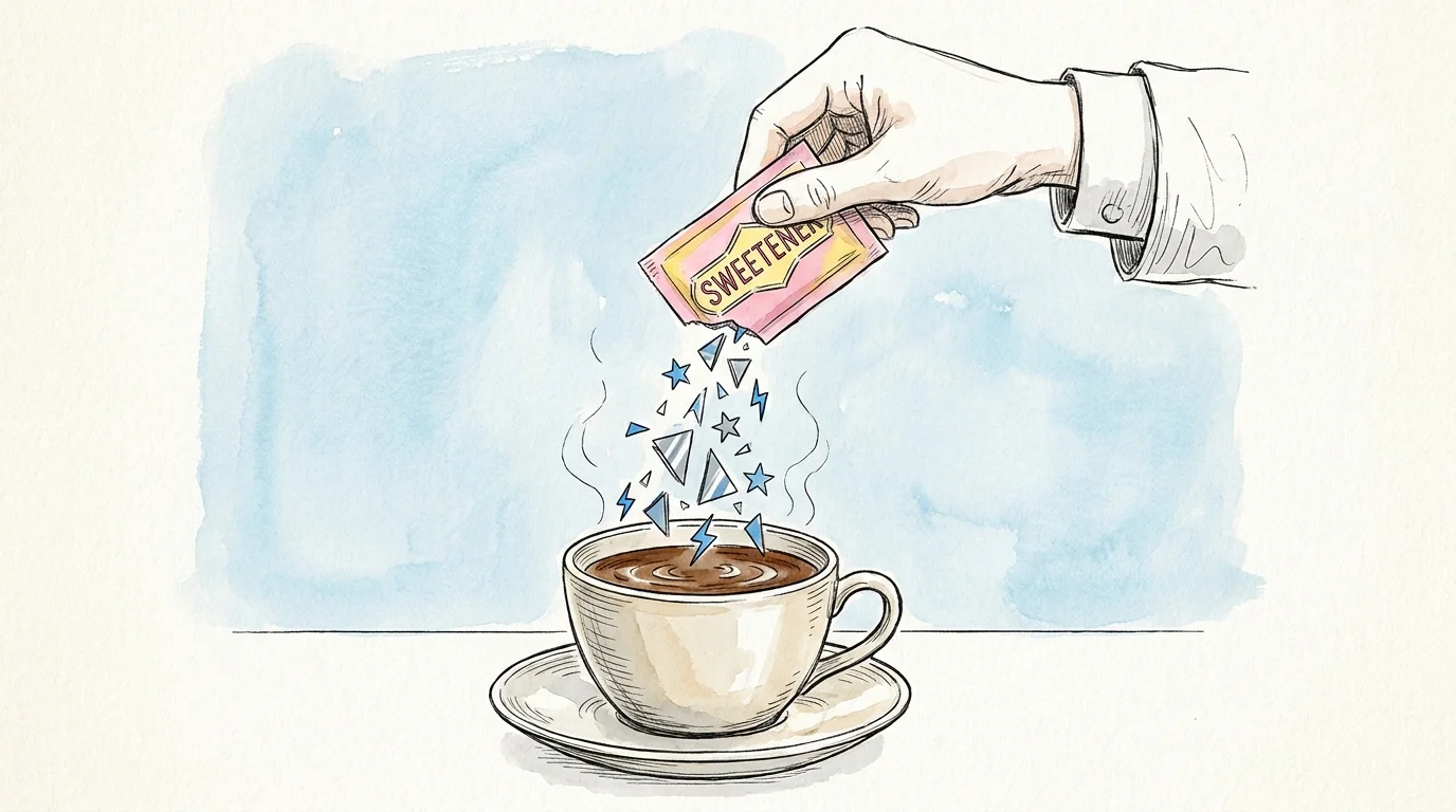 An illustration of a sweetener packet pouring out jagged metallic shapes instead of powder into a cup.