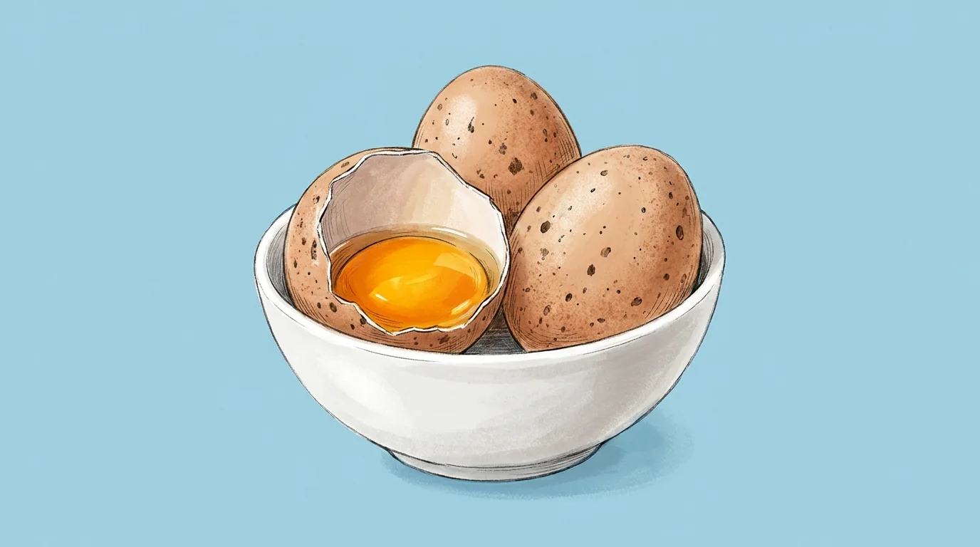 An illustration of brown eggs and one open bowl showing a bright golden yolk.