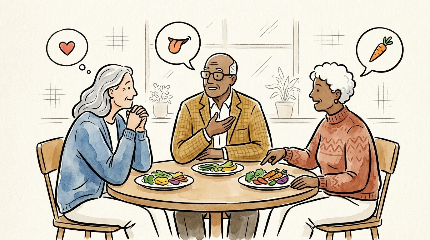 An illustration of three seniors talking and sharing a healthy meal, with icons representing health and flavor.