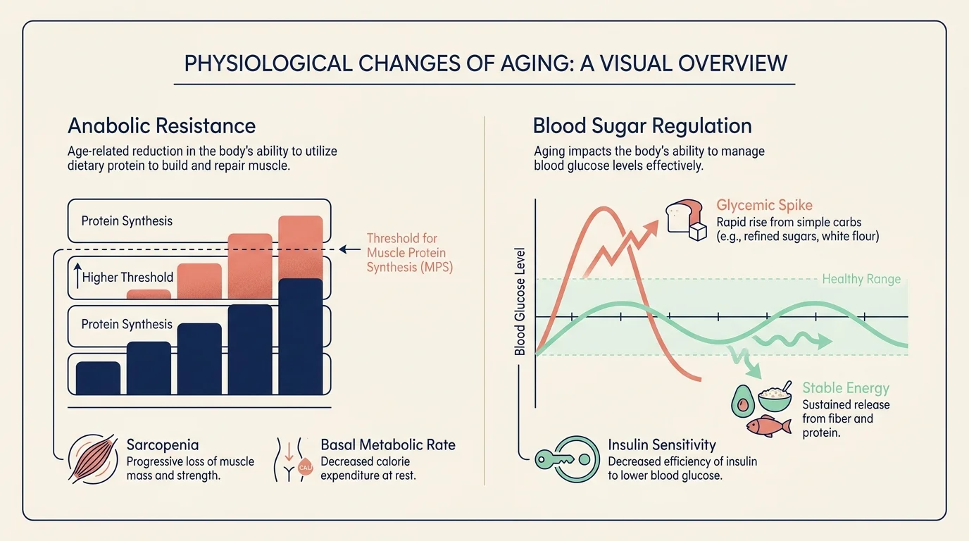 An infographic comparing muscle protein synthesis thresholds and blood sugar curves for stable energy versus glycemic spikes.