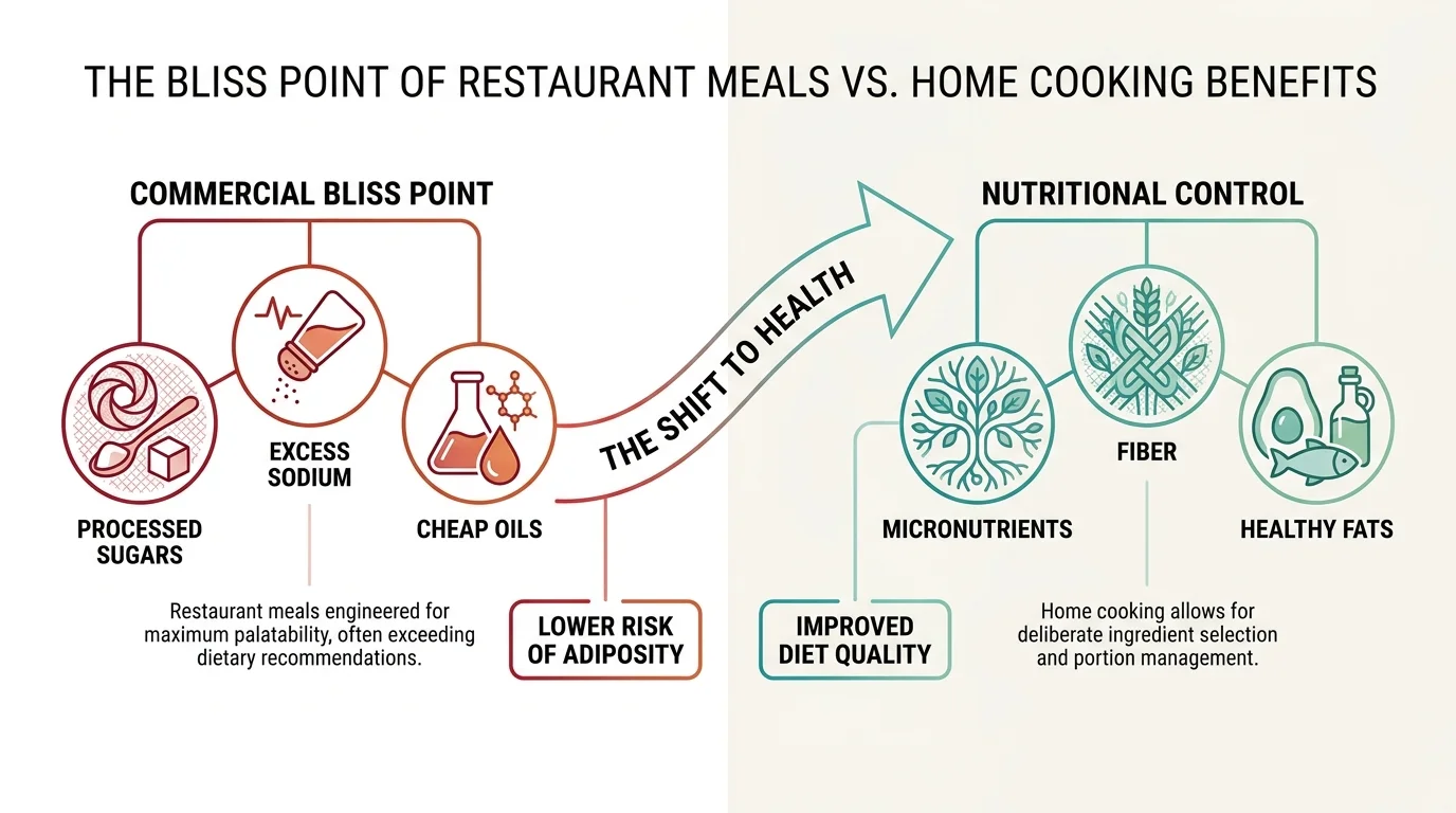 An infographic comparing the high sodium and fats of restaurant meals with the nutrient control of home cooking.