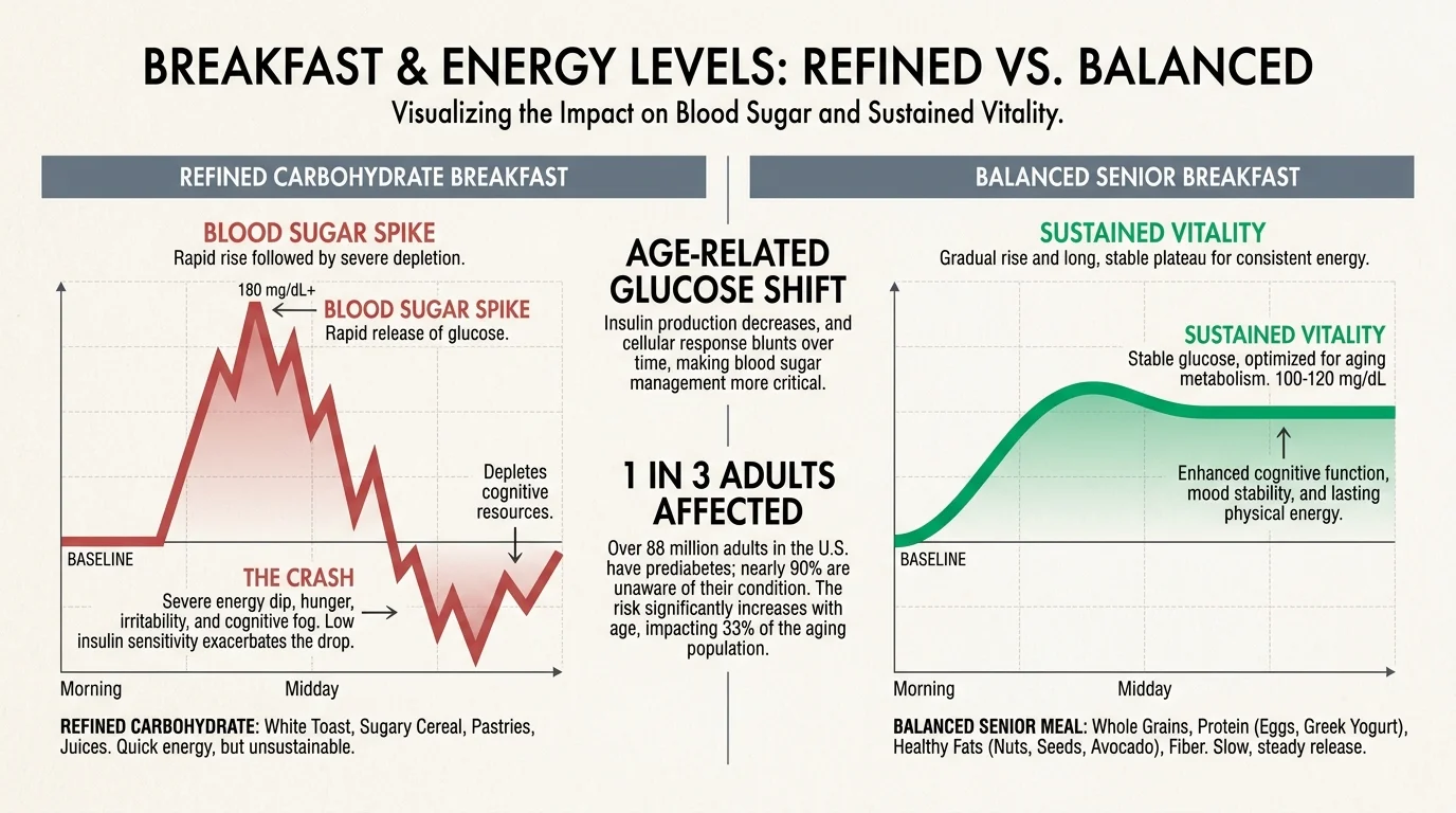 An infographic comparing the sharp blood sugar spike of sugary cereals against the steady energy of a balanced breakfast.