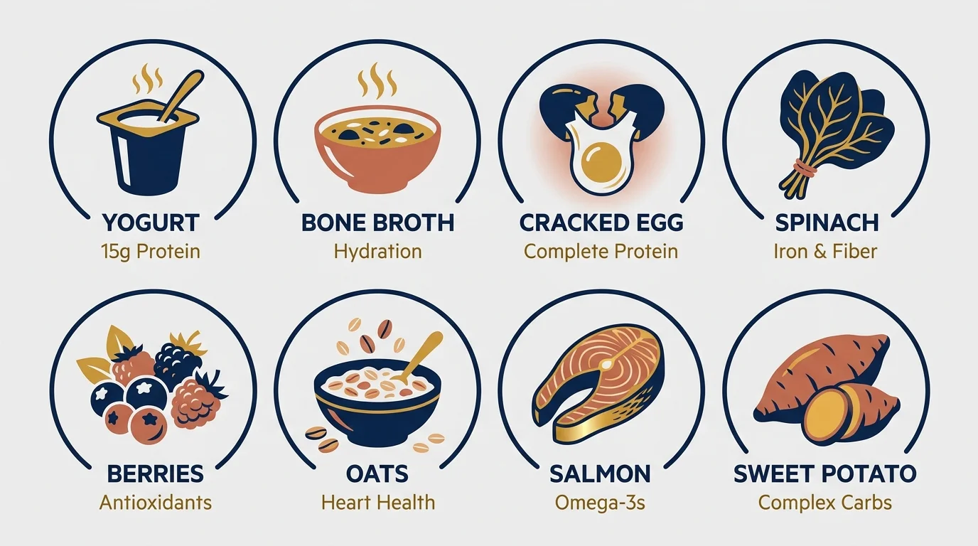 An infographic displaying the 8 recovery foods: yogurt, broth, eggs, spinach, berries, oatmeal, salmon, and sweet potatoes.