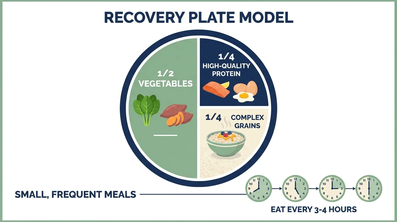 An infographic of a 'Recovery Plate' showing the ideal portions of protein, grains, and vegetables for healing.