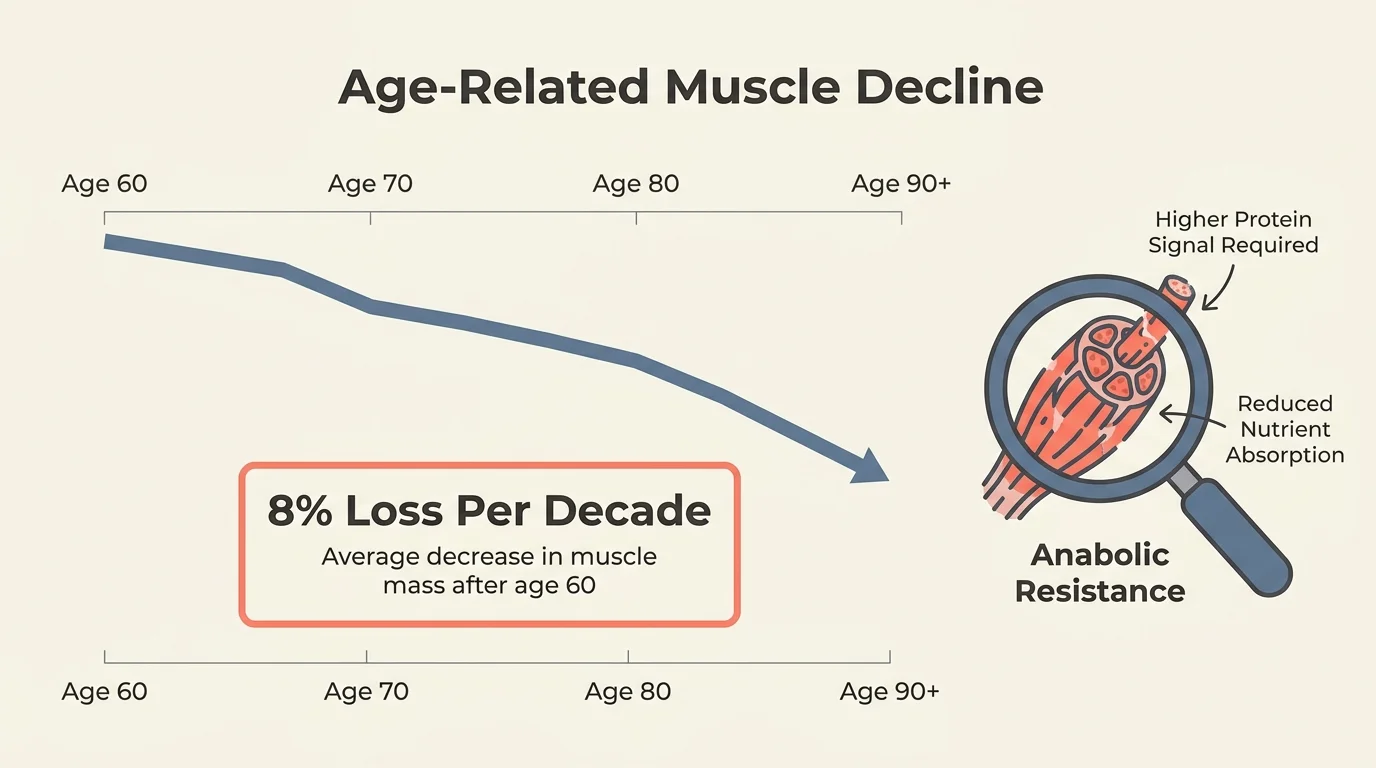 An infographic showing a decline in muscle mass after 60 and the biological mechanism of anabolic resistance.