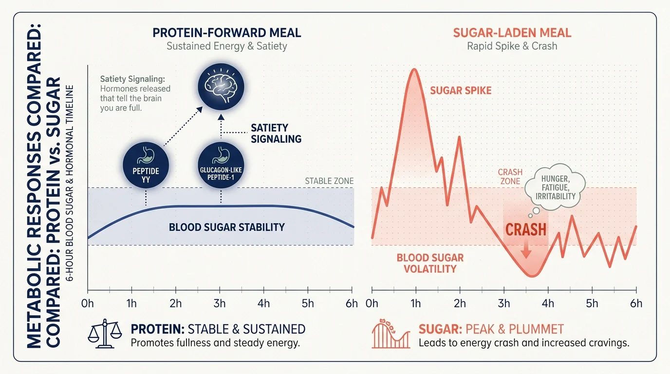 An infographic showing a stable blood sugar curve from protein compared to the spike and crash of a high-sugar breakfast.