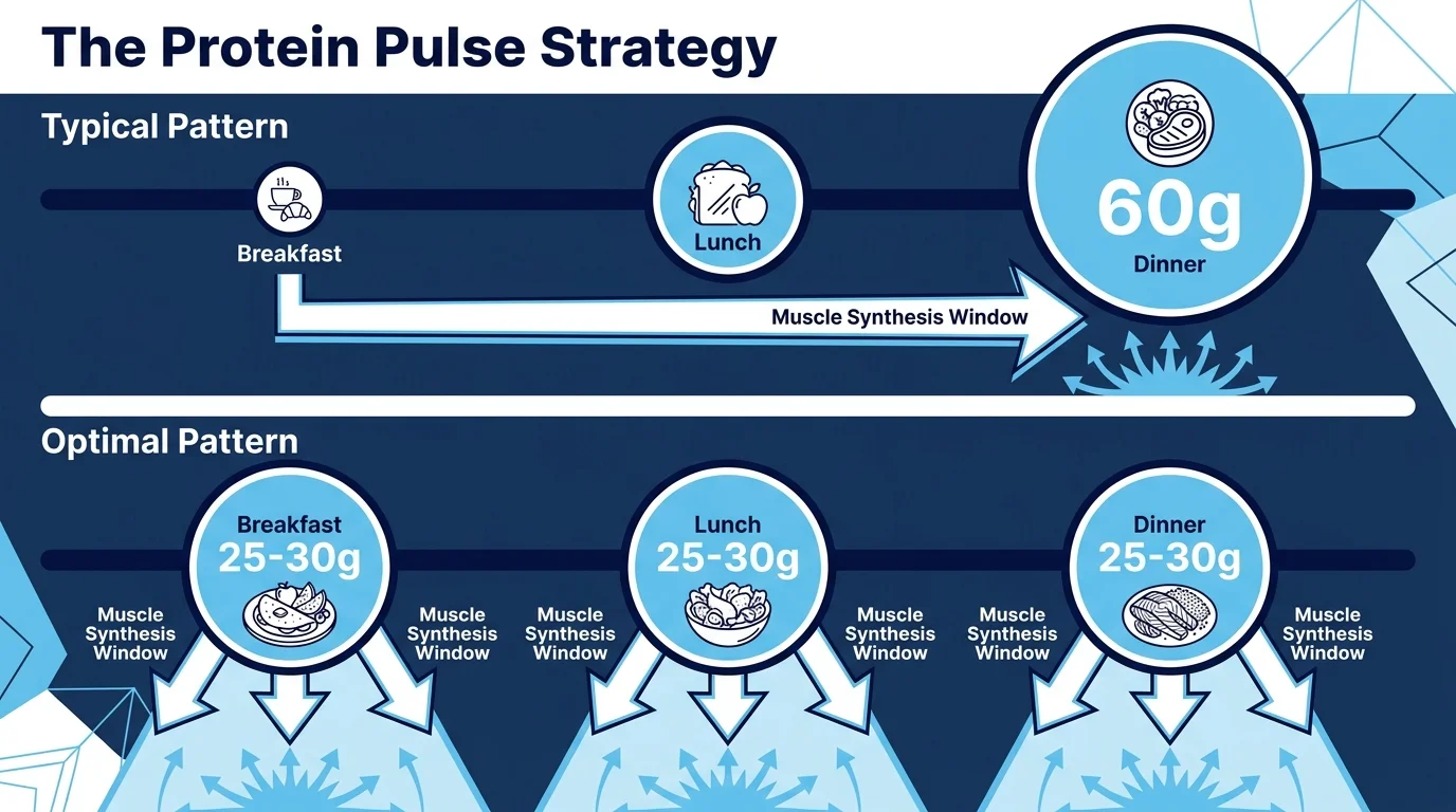 An infographic showing the benefits of spreading protein intake evenly across breakfast, lunch, and dinner.