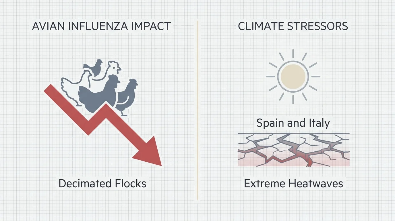 An infographic showing the causes of food price hikes: Avian Influenza in poultry and climate stressors in Spain and Italy.