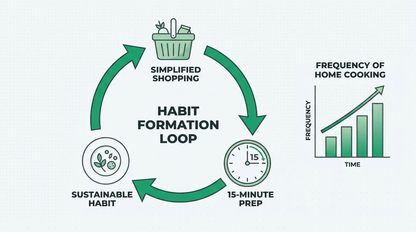 An infographic showing the cycle of simplified shopping and quick prep leading to a sustainable home-cooking habit.