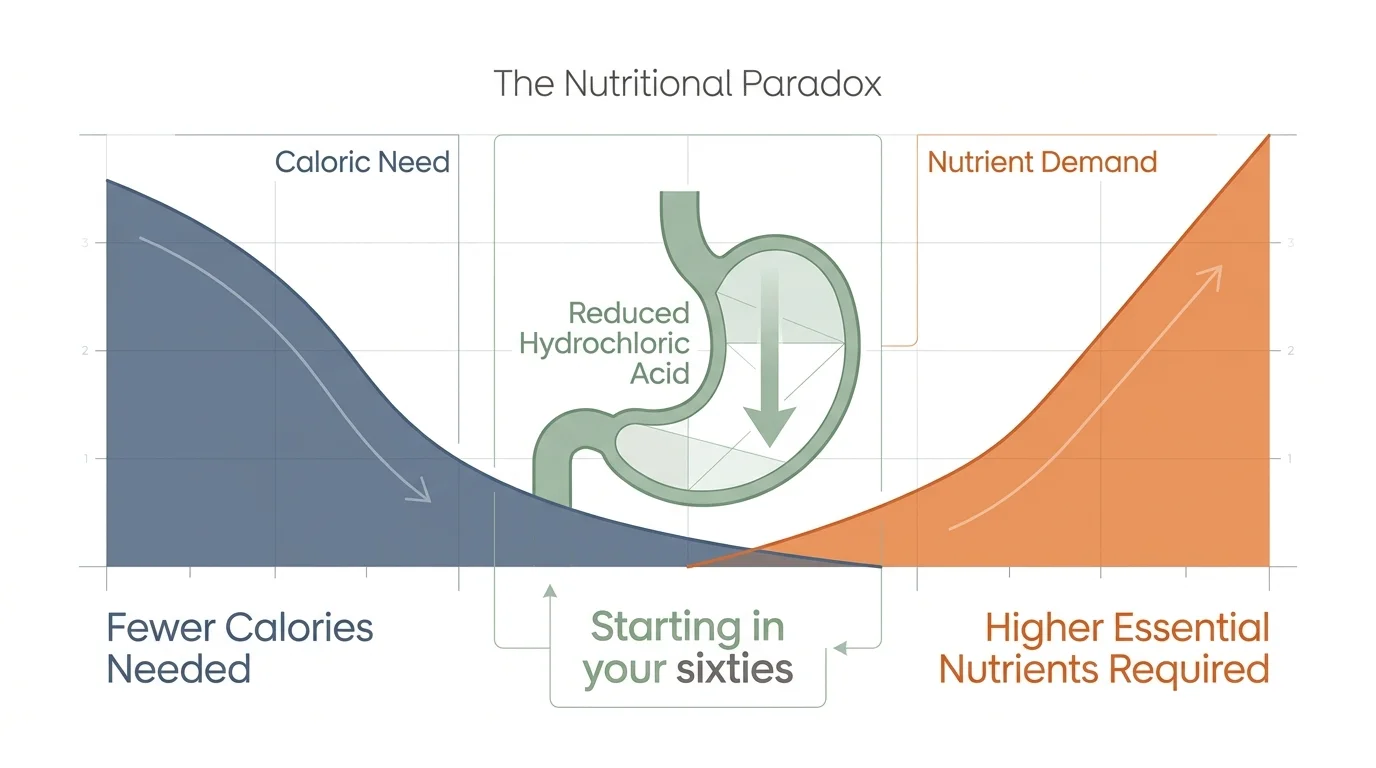 An infographic showing the inverse relationship between calorie needs and nutrient requirements as people age.