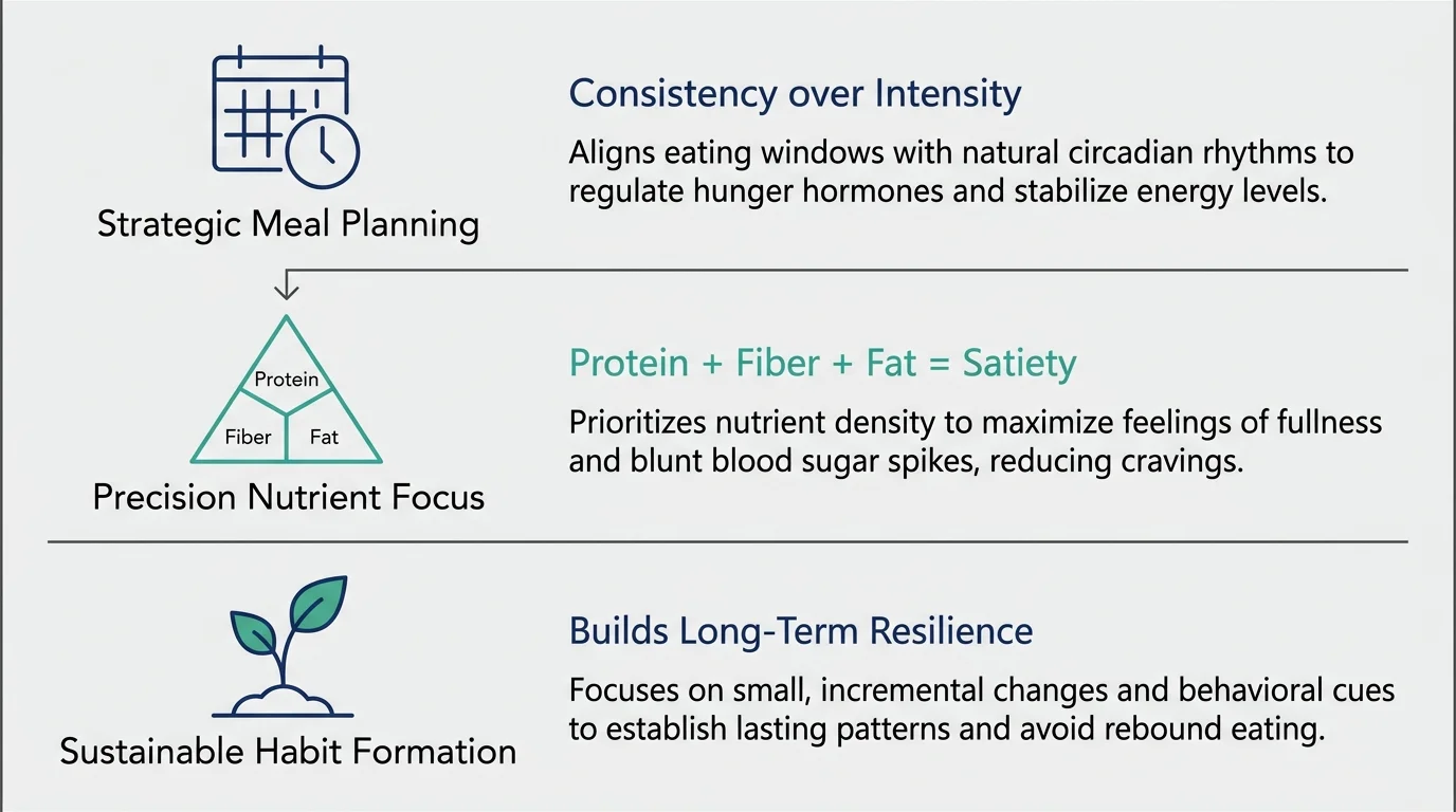 An infographic showing the three pillars of appetite management: Planning, Nutrients, and Habits.