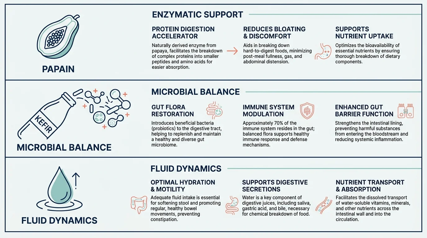 An infographic showing the three pillars of bloating relief: enzymes, probiotics, and hydration.