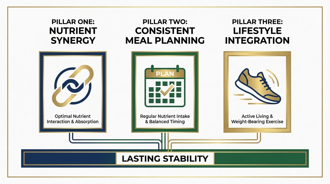An infographic showing the three pillars of bone health: nutrient synergy, meal planning, and lifestyle habits.