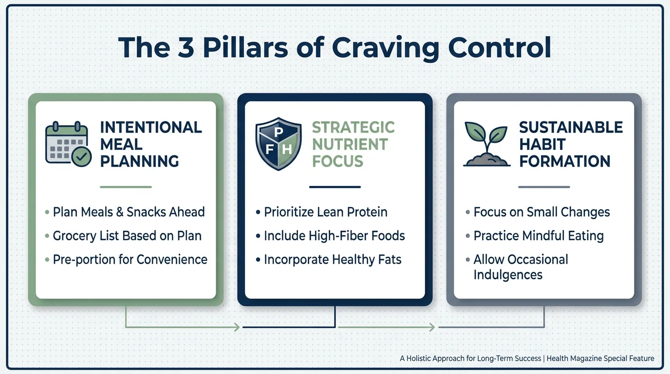 An infographic showing the three pillars of managing sugar: meal planning, nutrient focus, and habit formation.