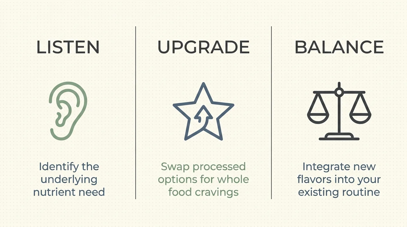 An infographic showing three pillars: Listen to needs, Upgrade to whole foods, and Balance the diet.