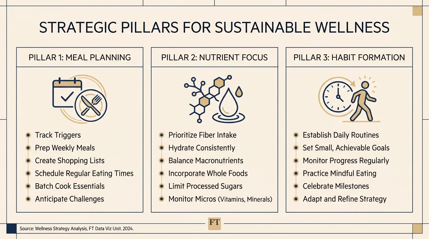An infographic showing three pillars: Meal Planning, Nutrient Focus, and Habit Formation for gut health.
