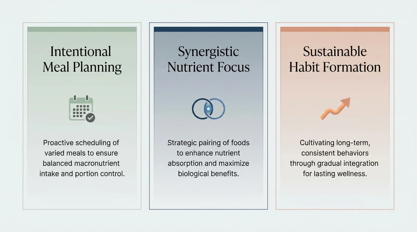 An infographic showing three pillars of heart health: Meal Planning, Synergistic Focus, and Habit Formation.