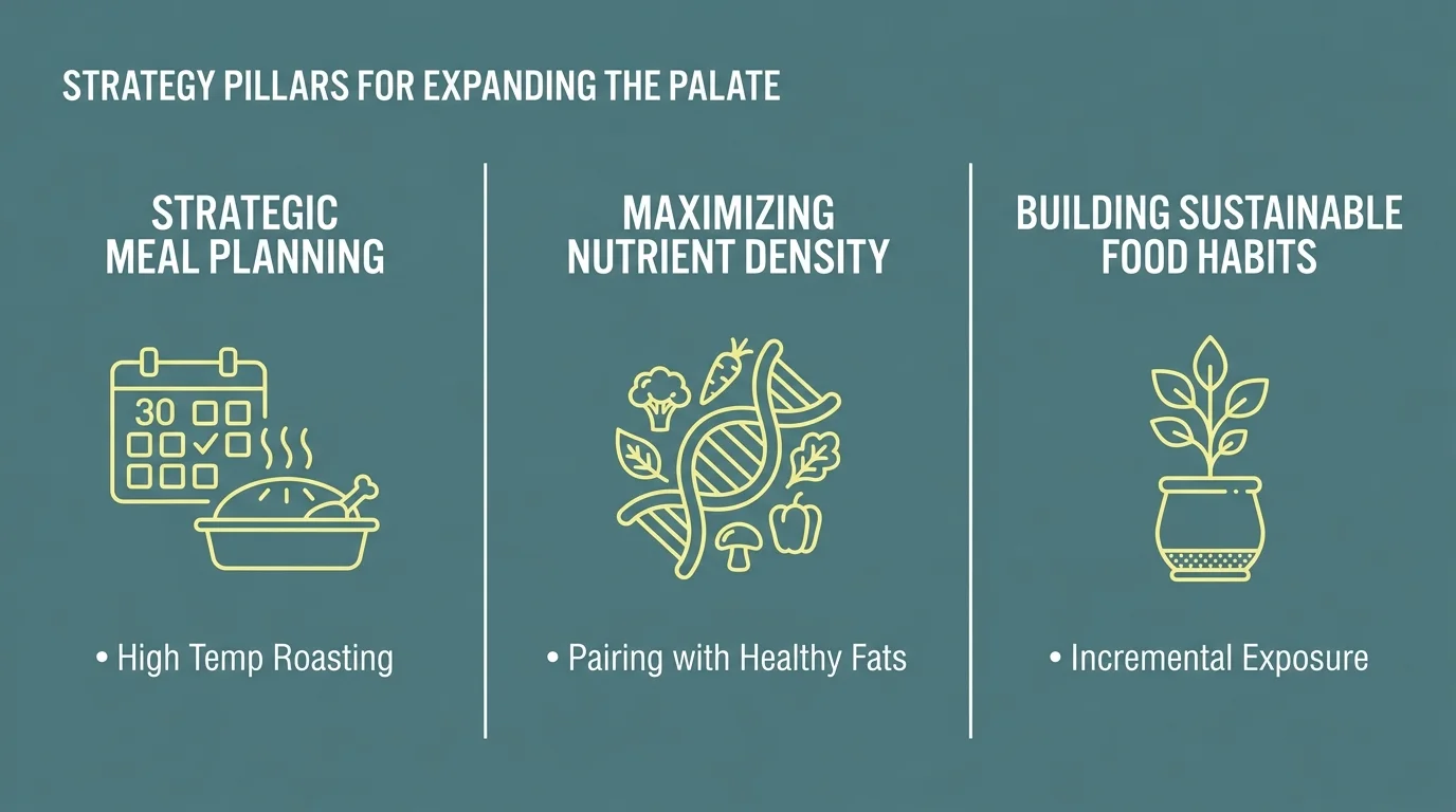 An infographic showing three pillars: Strategic Meal Planning, Maximizing Nutrient Density, and Building Sustainable Habits.
