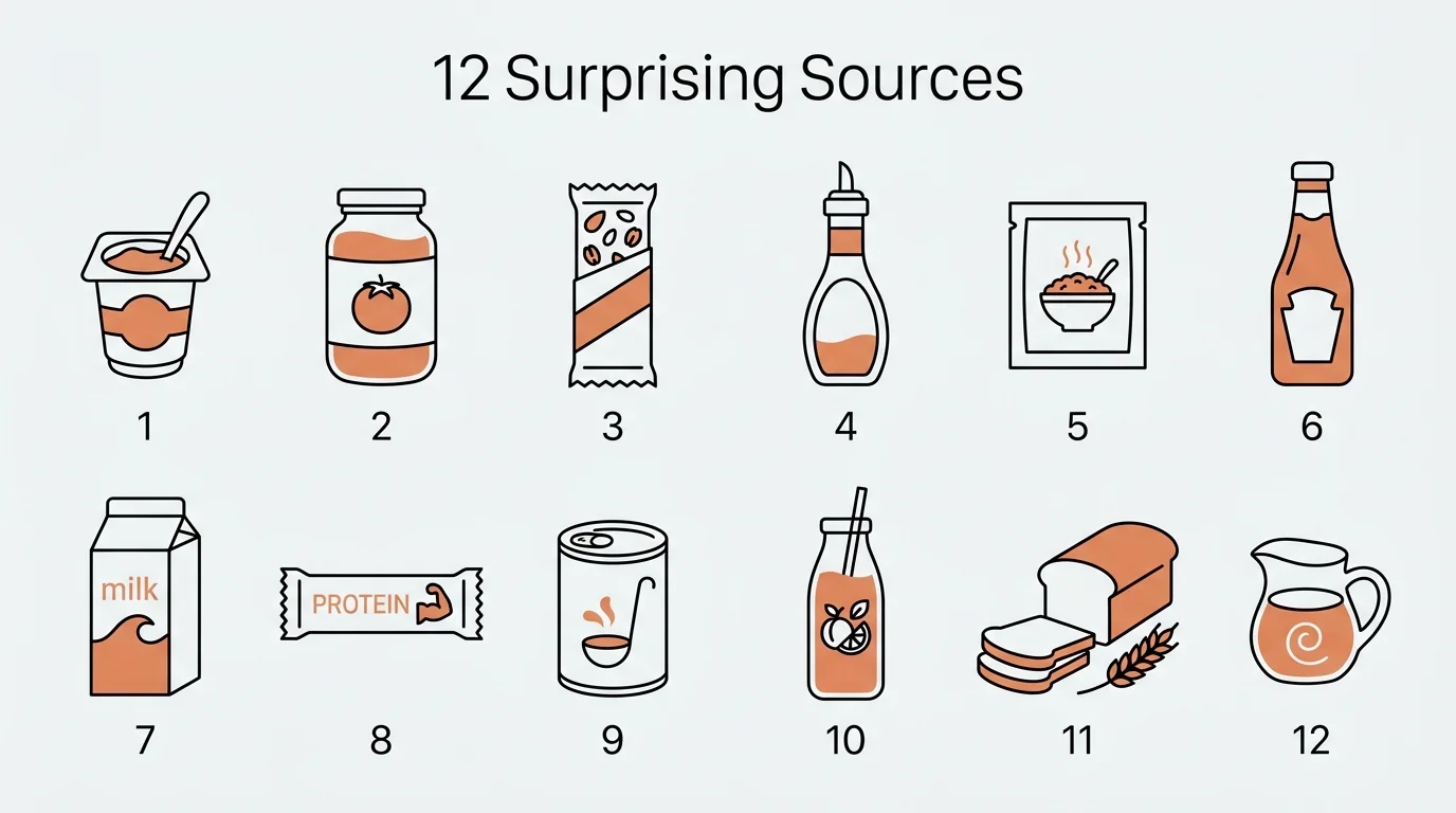 An infographic showing twelve minimalist icons of common foods like yogurt, bread, and sauce, numbered 1 to 12.